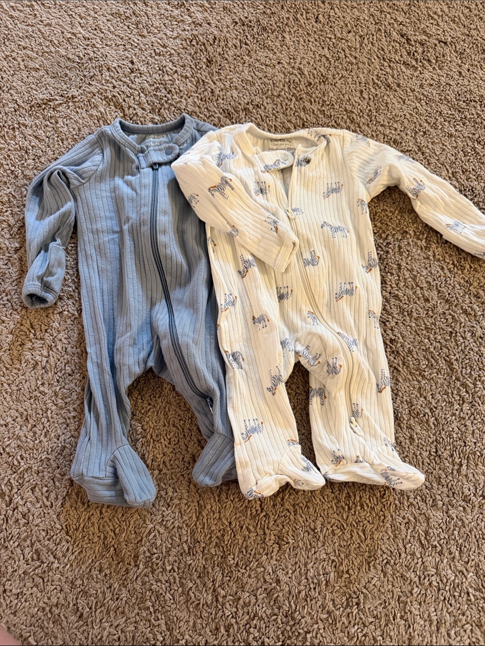 Carter's Ribbed Footed One-Pieces in Blue and Cream with Zebra Motif